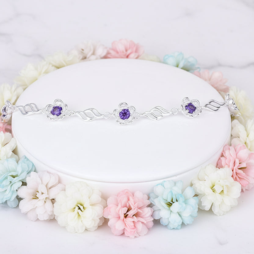Summer Blossom Pink/Purple Natural Zircon Crystal Bracelet set in 925 Sterling Silver