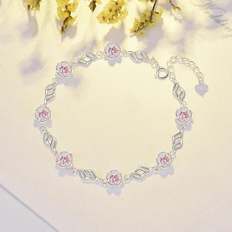 Summer Blossom Pink/Purple Natural Zircon Crystal Bracelet set in 925 Sterling Silver