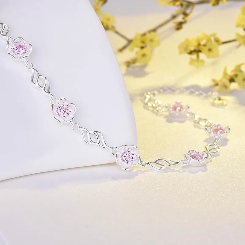 French Summer Blossom Pink/Purple Natural Zircon Gemstone Bracelet in 18K White Gold Plated 925 Silver Capella Jewellery