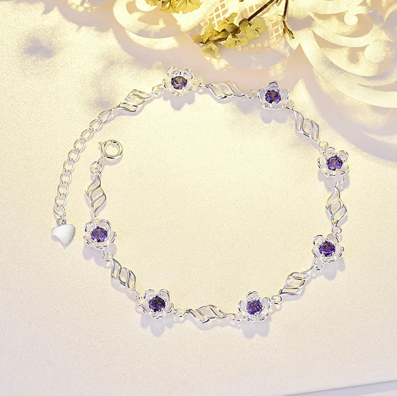 Summer Blossom Pink/Purple Natural Zircon Crystal Bracelet set in 925 Sterling Silver