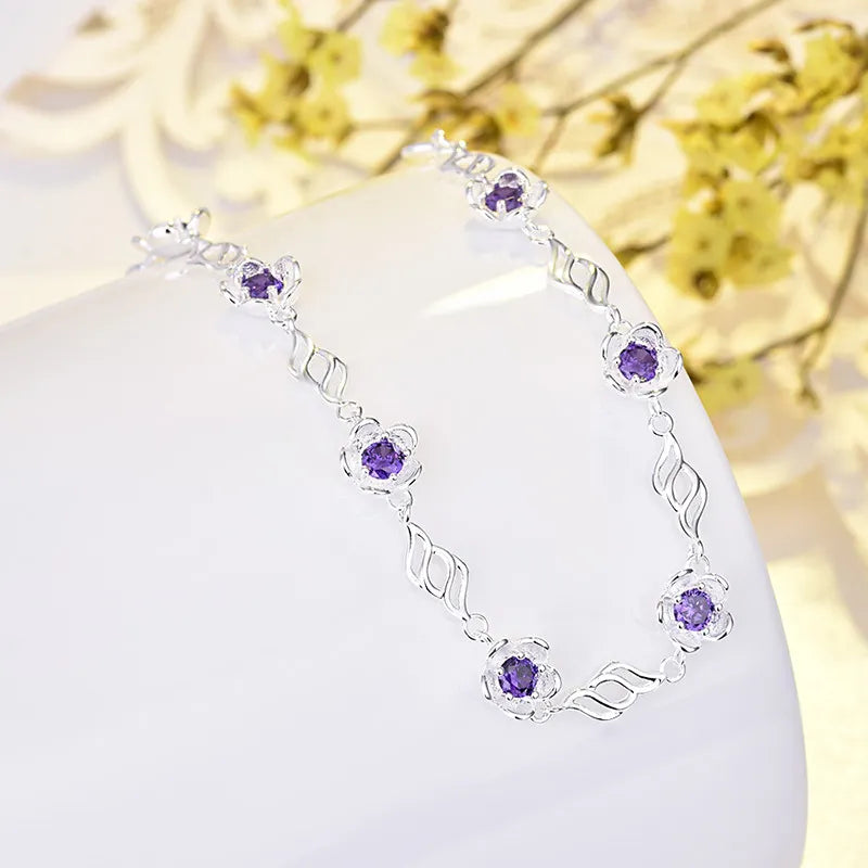Summer Blossom Pink/Purple Natural Zircon Crystal Bracelet set in 925 Sterling Silver