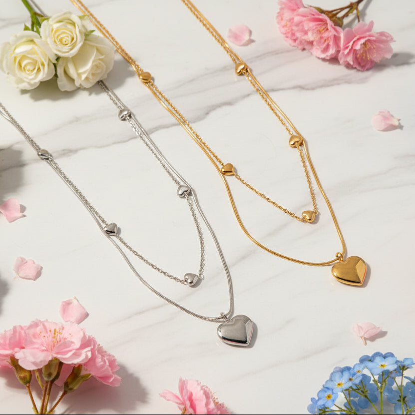 Romantic French Vintage Love Heart Double-Layer Collarbone Necklace set in 18K Gold Plating Capella Jewellery