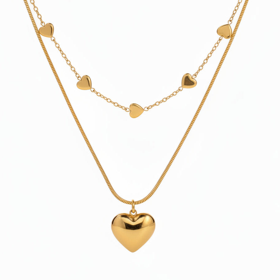 Romantic French Vintage Love Heart Double-Layer Collarbone Necklace set in 18K Gold Plating Capella Jewellery