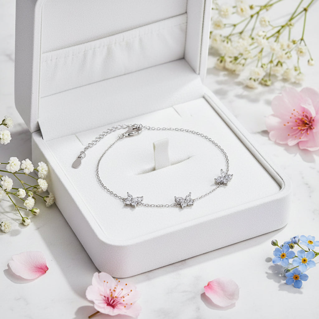 Three Butterfly Natural Zircon Gemstone Bracelet set in 18K White Gold Plated 925 Silver