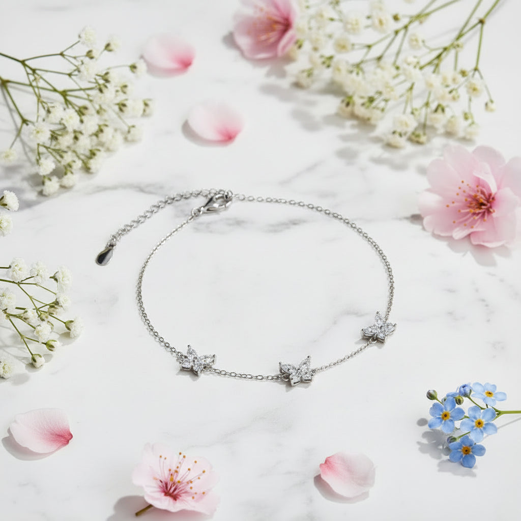 Three Butterfly Natural Zircon Gemstone Bracelet set in 18K White Gold Plated 925 Silver