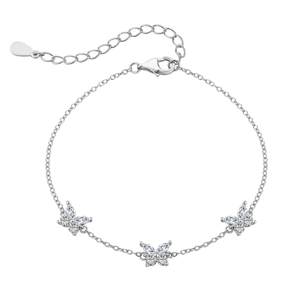 Three Butterfly Natural Zircon Gemstone Bracelet set in 18K White Gold Plated 925 Silver