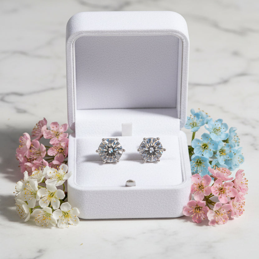 Classic Six Claw 4 Carat Moissanite Diamond Stud Earrings set in 925 Sterling Silver (GRA)