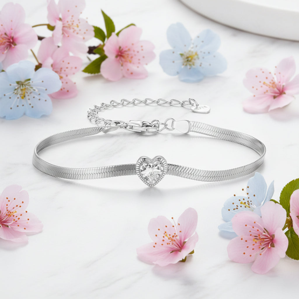 European Vintage Love Heart Natural Zircon Bracelet set in Platinum Plated 925 Sterling Silver Capella Jewellery