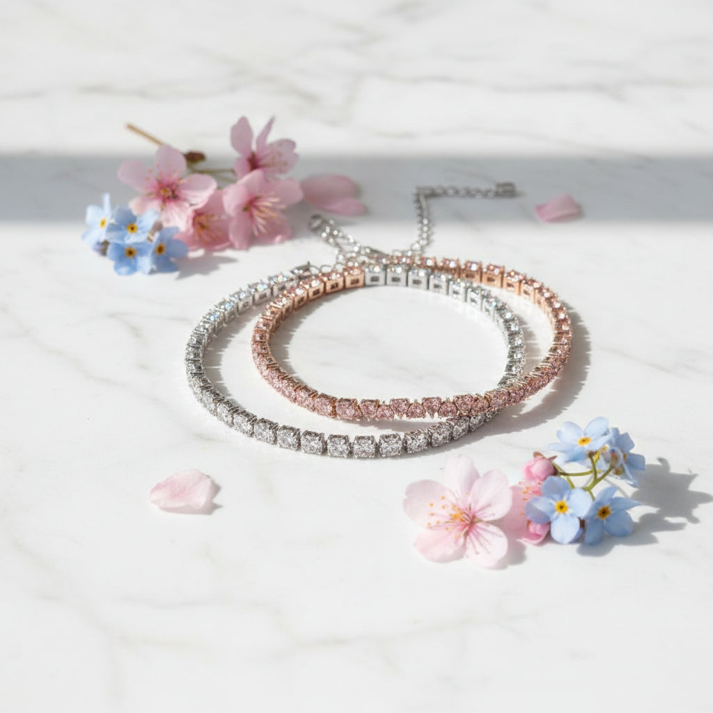 American Design Pink or White Hearts Natural Zircon Gemstone Bracelet set in 925 Silver