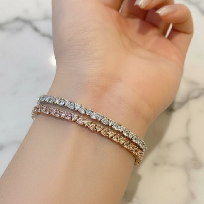 American Design Pink or White Hearts Natural Zircon Gemstone Bracelet set in 925 Silver