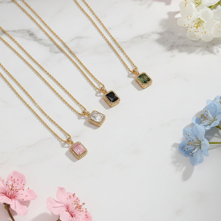 European Vintage Emerald Cut Natural Zircon Gemstone Pendant set in 18K Gold Plated Clavicle Necklace Capella Jewellery