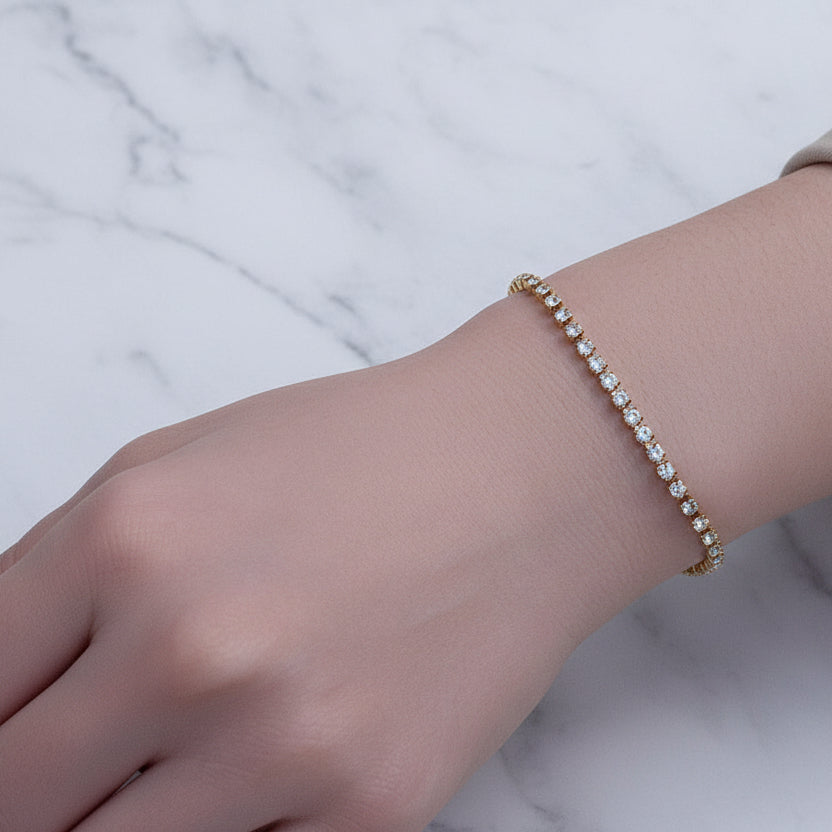 Classic Pave Inlay Full (3mm) Natural Zircon Crystal Tennis Bracelet Set in 18K Gold Plating