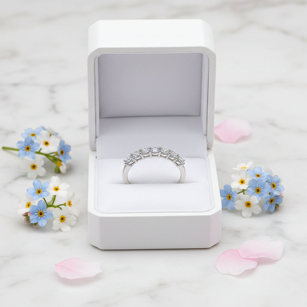 French Eternity Seven 0.7 Carat Moissanite Diamond Ring set in 18K White Gold Plated 925 Silver
