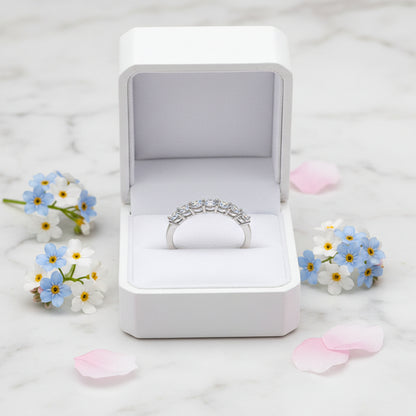 French Seven Stone Eternity Ring 0.7 Carat Moissanite set in 18K White Gold Plated 925 Silver Capella Jewellery