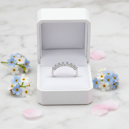 French Seven Stone Eternity Ring 0.7 Carat Moissanite Diamond set in 18K White Gold Plated 925 Silver
