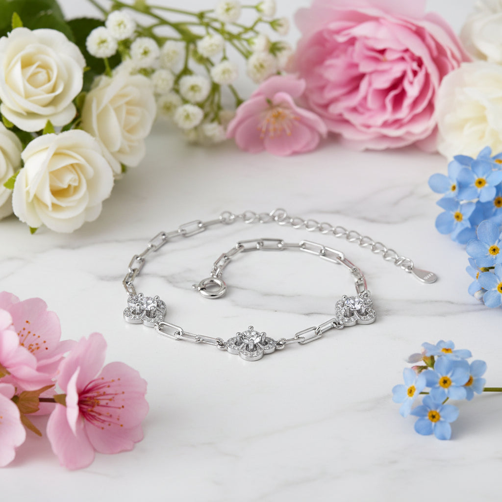 Three Clover 0.6 Carat Moissanite Diamond Bracelet set in 18K White Gold Plated 925 Silver