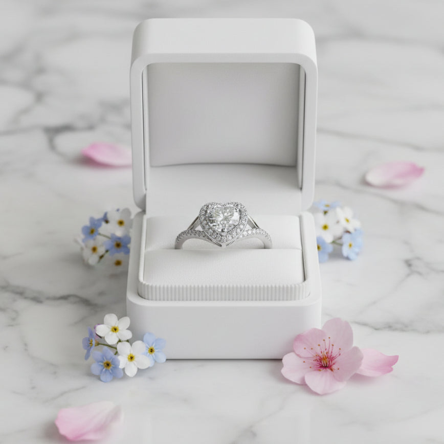 Italian Heart Design 1 Carat Moissanite Diamond Ring set in Platinum Plated 925 Silver (GRA)