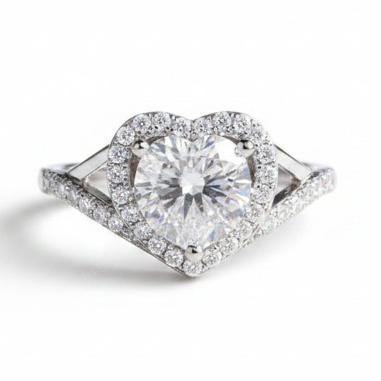 Italian Heart Design 1 Carat Moissanite Diamond Ring set in Platinum Plated 925 Silver (GRA)