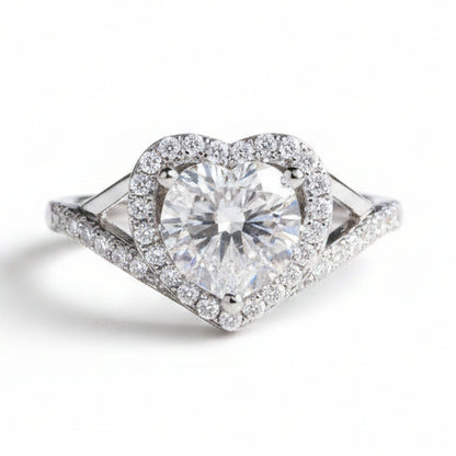 Italian Diamond Heart Design 1 Carat Moissanite Ring set in Platinum Plated 925 Silver (GRA) Capella Jewellery