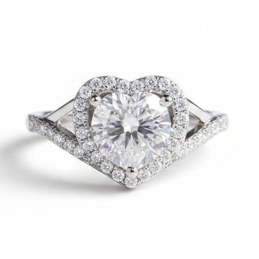 Italian Diamond Heart Design 1 Carat Moissanite Diamond Ring set in Platinum Plated 925 Silver (GRA)