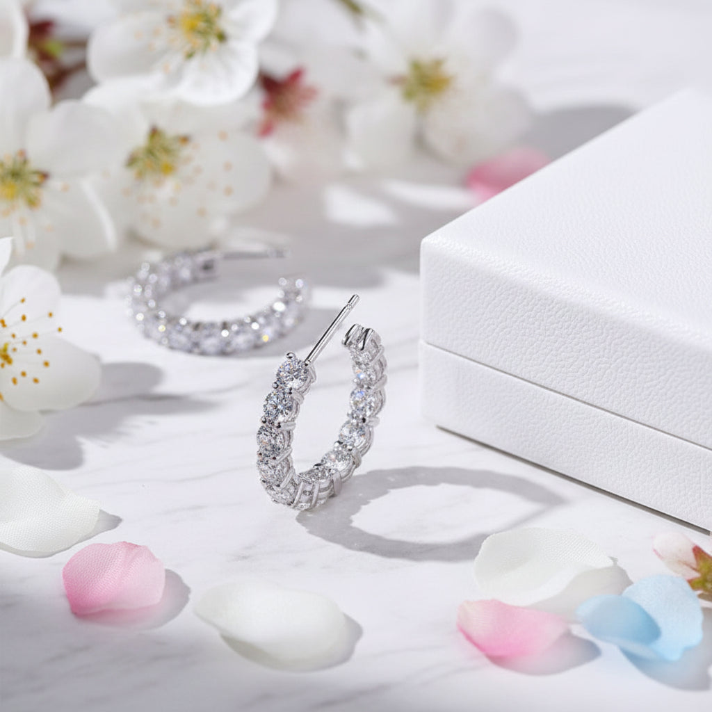 Pavé-Set Hoop 3 Carat High Carbon Diamond Earrings set in 18K White Gold Plated 925 Silver