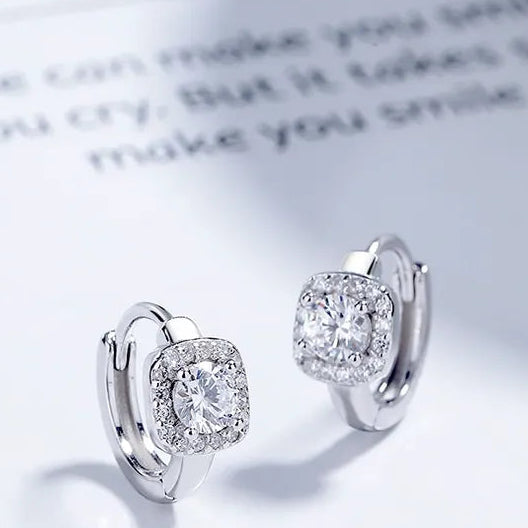 Italian Square / Round Design Natural Zircon Gemstone Earrings set in Platinum Plated 925 Silver