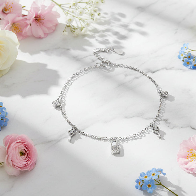 European Lock & Key Design Natural Inlay Zircon Gemstone Bracelet set in Platinum Plated 925 Silver Capella Jewellery