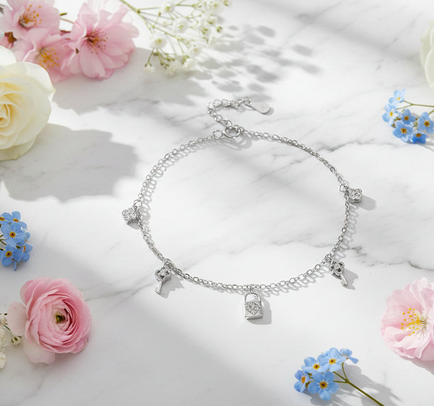 Lock & Key Design Natural Inlay Zircon Gemstone Bracelet set in Platinum Plated 925 Silver