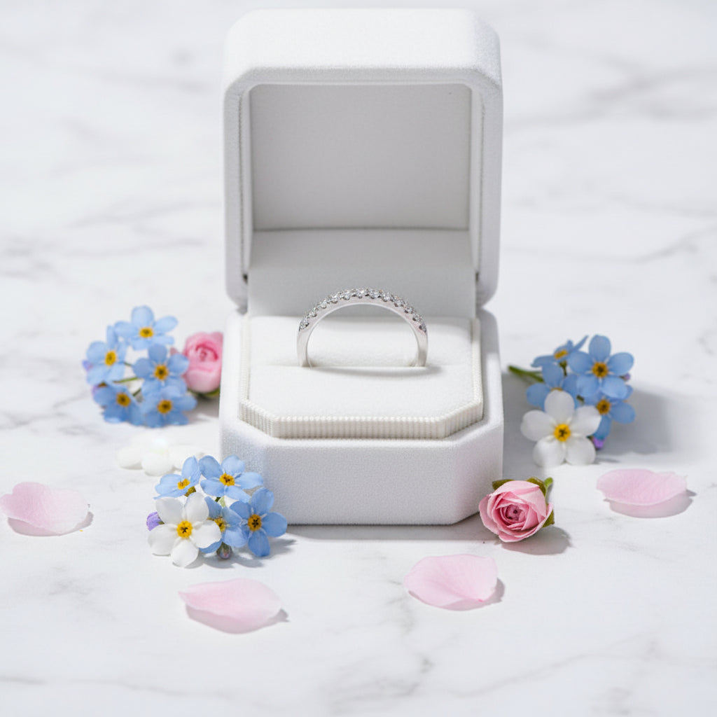 French V Row Pavé Micro Inlaid Moissanite Diamond Ring set in 18K White Gold Plated 925 Silver