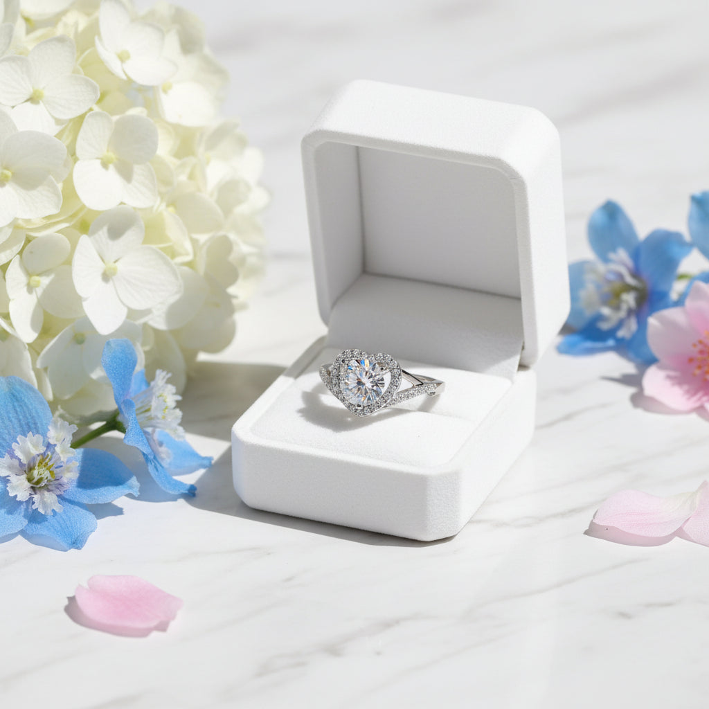Italian Heart Design 1 Carat Moissanite Diamond Ring set in Platinum Plated 925 Silver (GRA)
