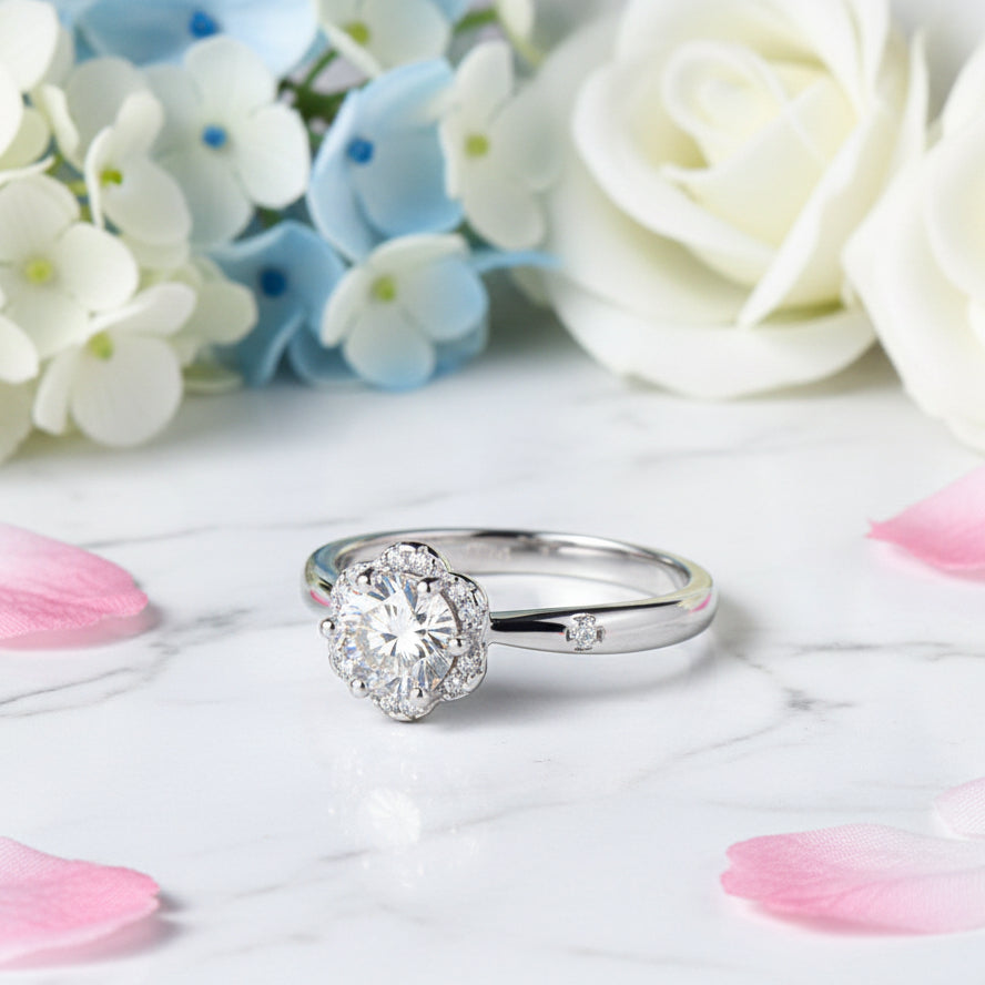 Classic French Flower 1 Carat Moissanite Diamond Ring set in Platinum Plated 925 Silver (GRA)