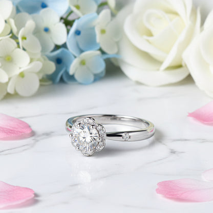 French Halo Inspired Pavé Flower Solitaire 1 Carat Moissanite Ring set in Platinum Plated 925 Silver (GRA) Capella Jewellery