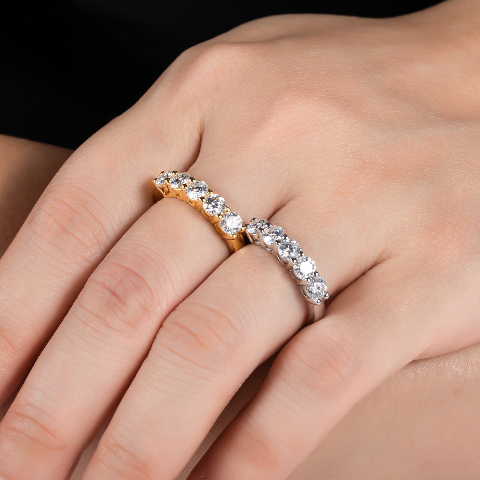Eternity Five Row 1.5 Carat Moissanite Diamond Ring set in 18K White Gold Plated 925 Silver (GRA)