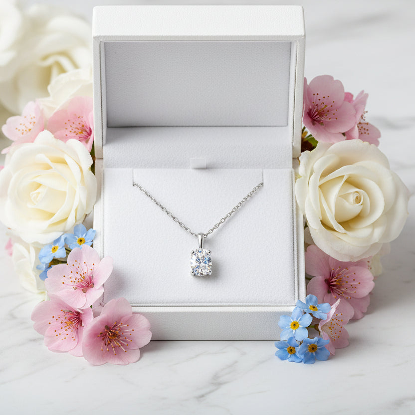 Oval Four Claw Design 1 Carat Moissanite Diamond Pendant set in 925 Sterling Silver  (GRA)