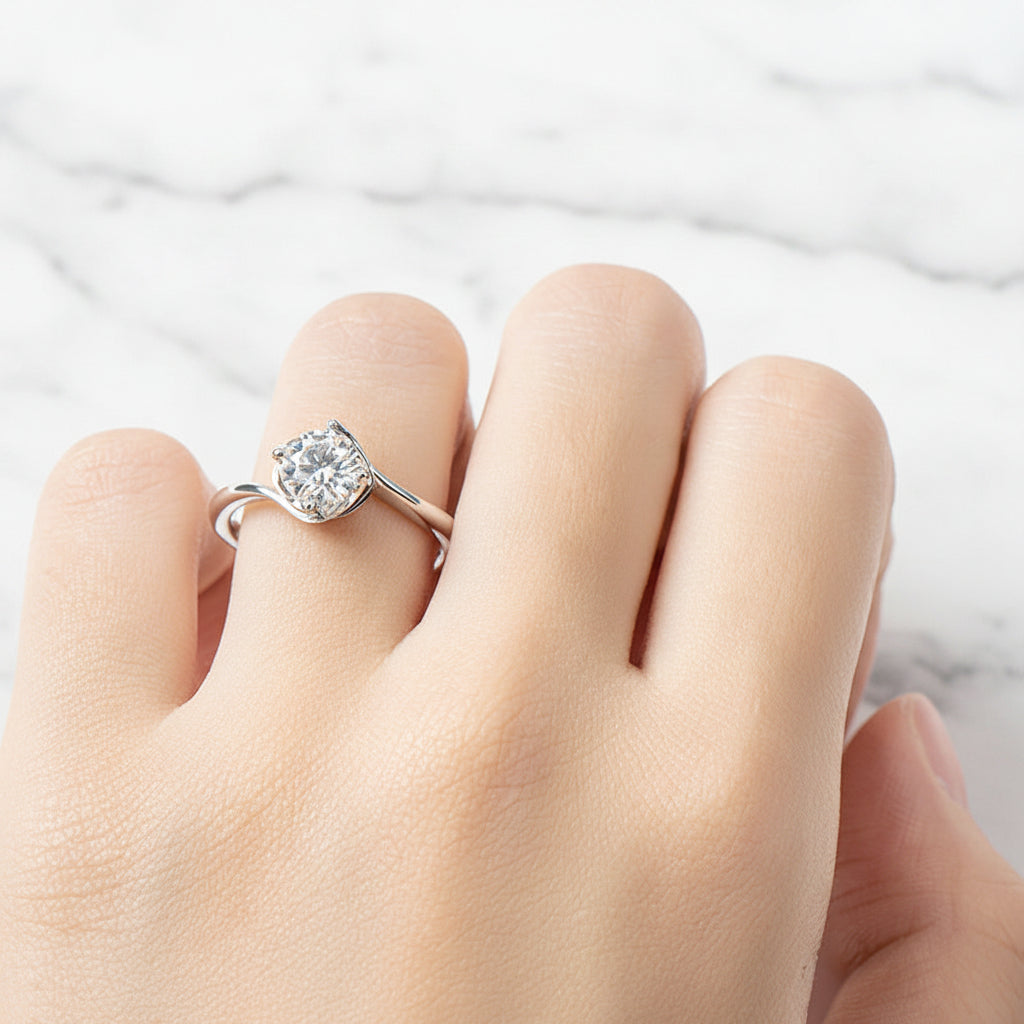 Italian Solitaire Twist Design 1 Carat Moissanite Ring set in 18K White Gold Plated 925 Silver (GRA)