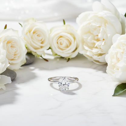 French Oval Cut Solitaire 2 Carat Moissanite Ring set in Platinum Plated 925 Silver (GRA) Capella Jewellery
