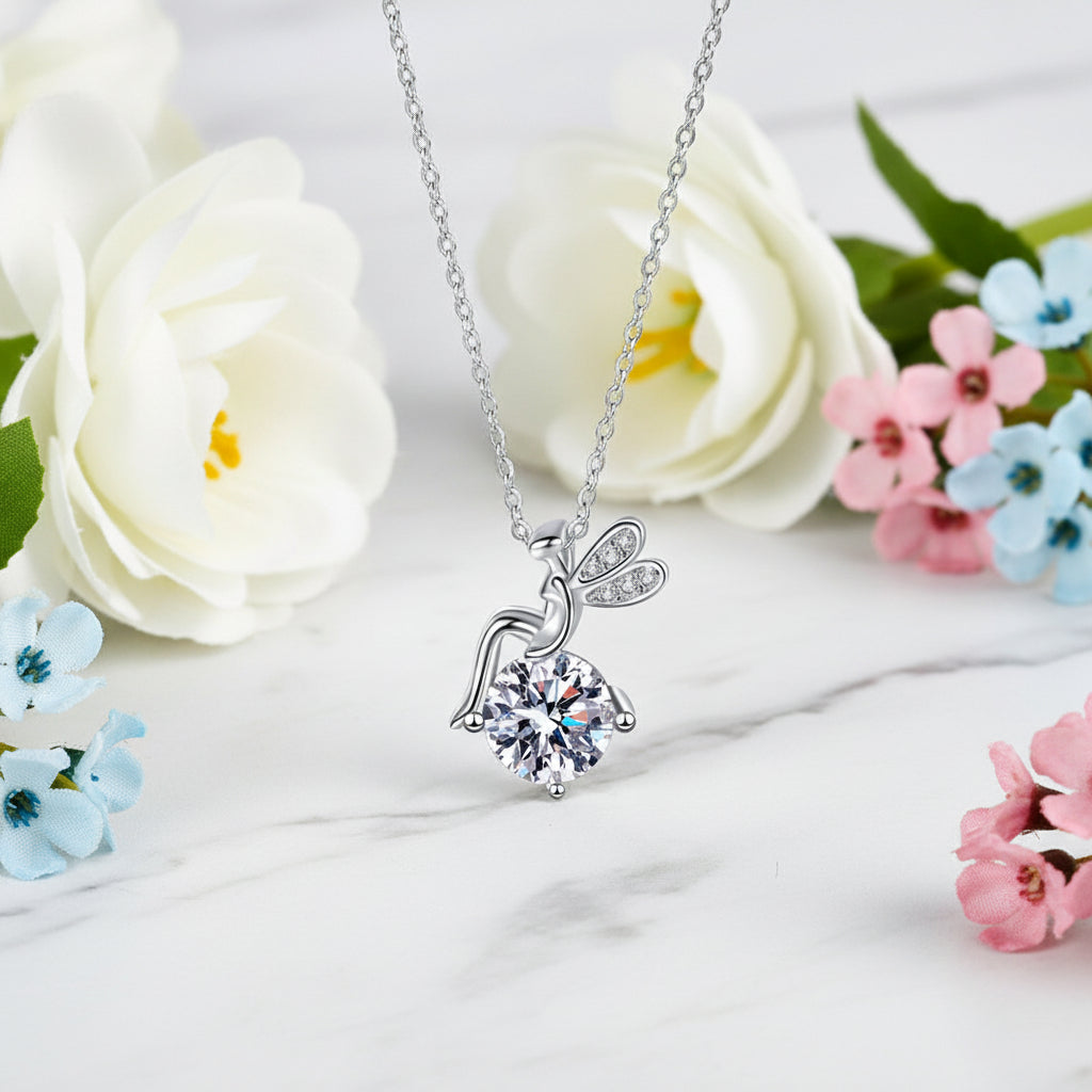 Flower Fairy 1 Carat Moissanite Diamond Pendant set in 18K White Gold Plated 925 Silver (GRA)