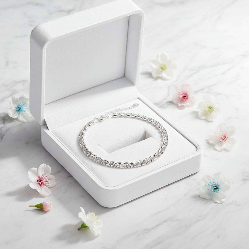 Starry Rice Bead Double Layer Bracelet set in White Gold Plated 925 Sterling Silver