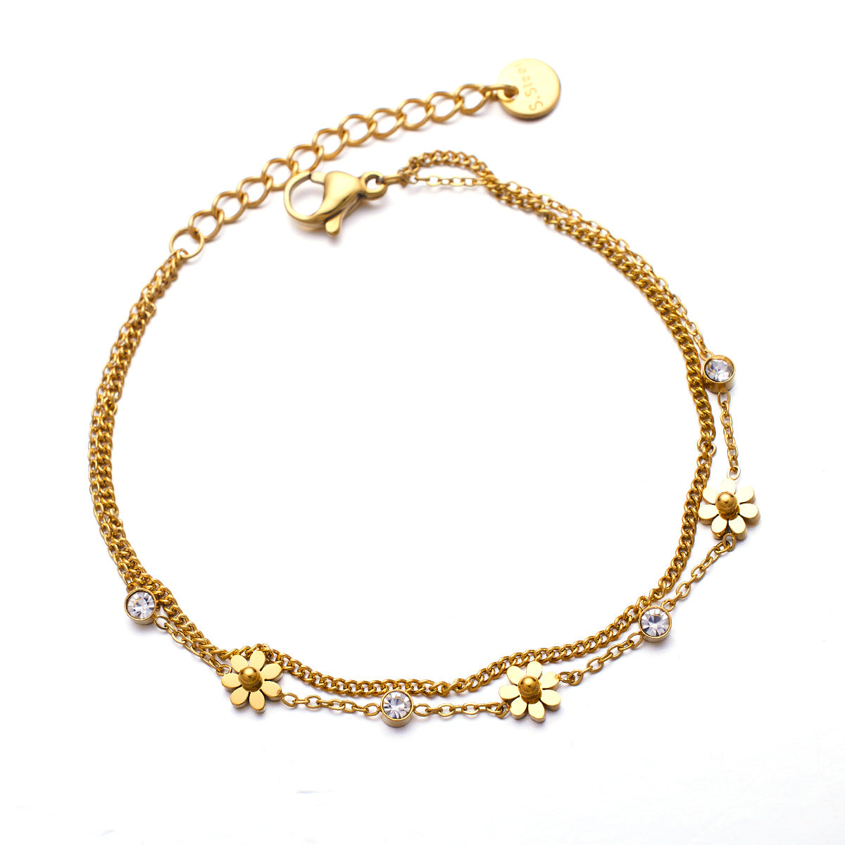 French Chic Design (3 mm) Natural Zircon and Flower Charms Bracelet set in 18K Gold Plating