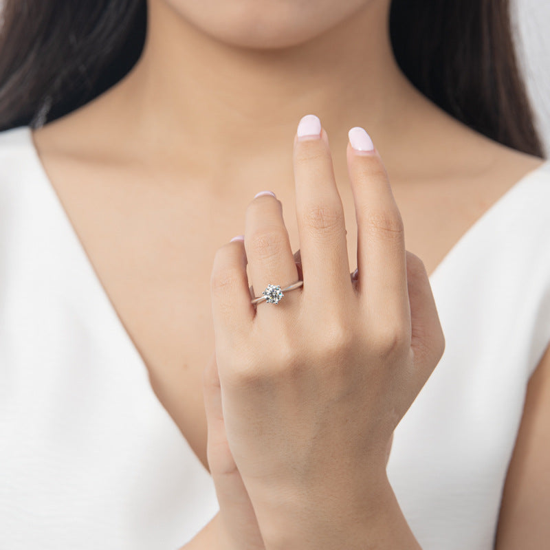 European Six Claw Engagement Ring 1 Carat Moissanite Diamond in 18K White Gold Plated 925 Silver