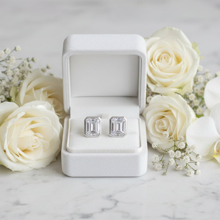 Princess Cut 1 Carat Moissanite Diamond Necklace & Earrings set in 18K White Gold 925 Silver