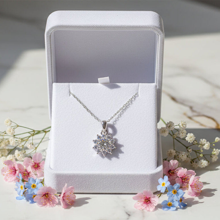 French Sunflower Design 1 Carat Moissanite Diamond Pendant Necklace set in 925 Silver (GRA)
