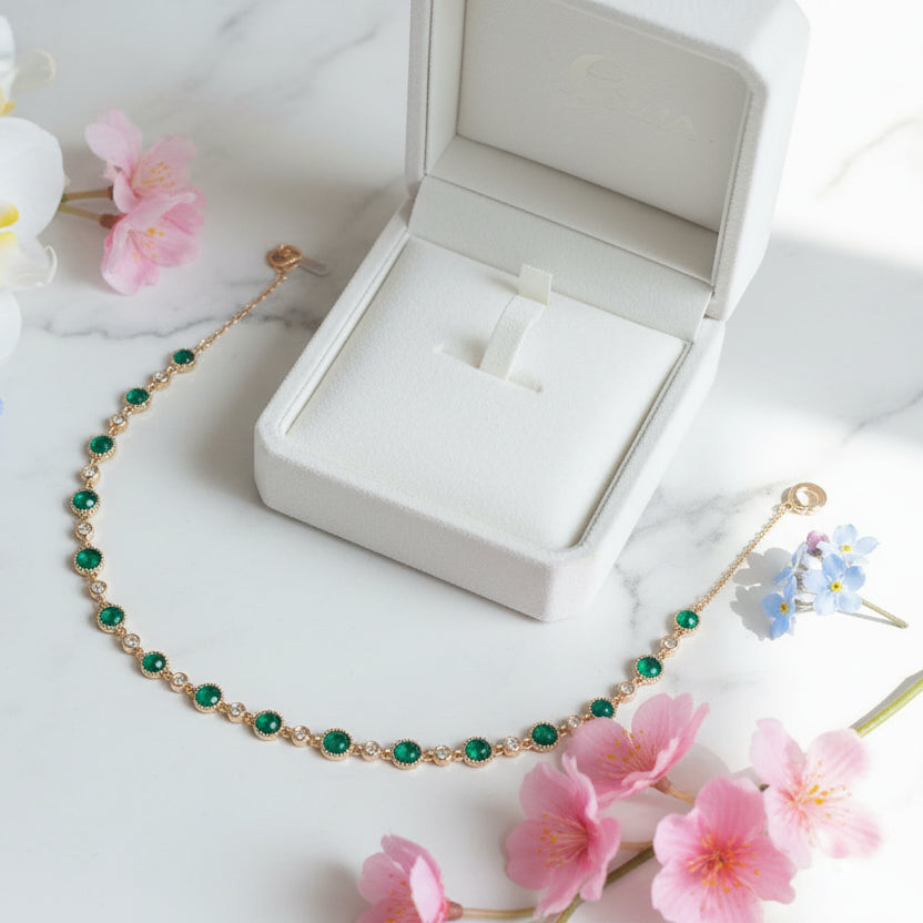 Japanese Inspired Jade Gemstone Inlaid Bracelet set in 18K Gold Plating