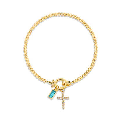 Holy Christian Cross Birth Stone Natural Zircon Gemstone Charm Bracelet set in 18K Gold Plating Capella Jewellery