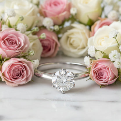 French Inspired Six-Claw Solitaire Ring 2 Carat Moissanite set in 18K White Gold Plated 925 Silver (GRA) Capella Jewellery