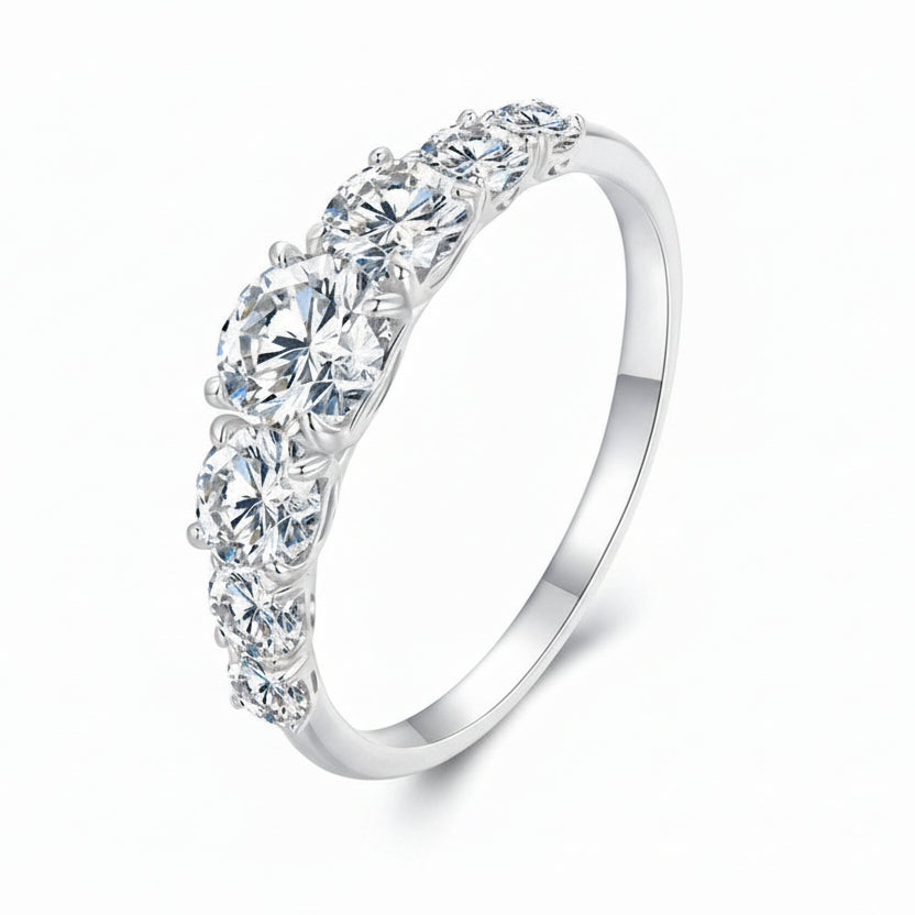 European Seven Stone 0.5 Carat Moissanite Diamond Ring set in Platinum Plated 925 Silver (GRA)