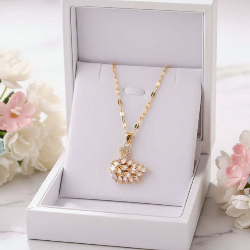 Luxury Swan Motif Inlaid Natural Zircon Gemstone Pendant set in 18K Gold Plating Necklace Capella Jewellery