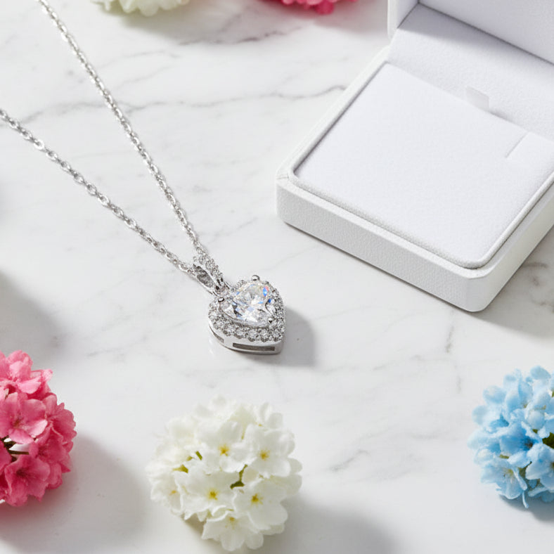 Exquisite French Heart Design 1 Carat Moissanite Diamond Pendant set in 925 Silver (GRA)