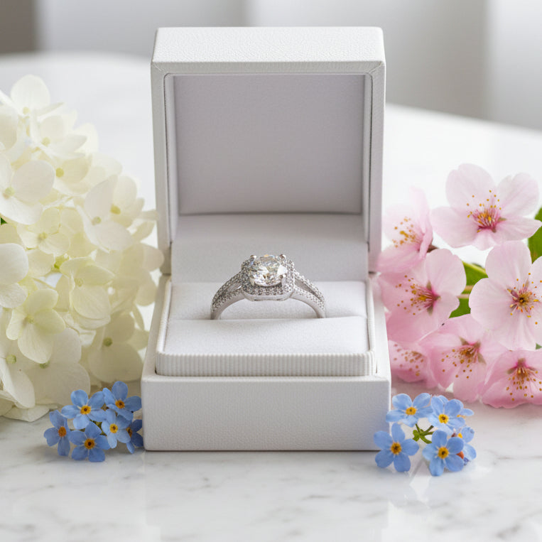 French Halo Pavé Design 1 Carat Moissanite Diamond Ring set in Platinum Plated 925 Silver (GRA)