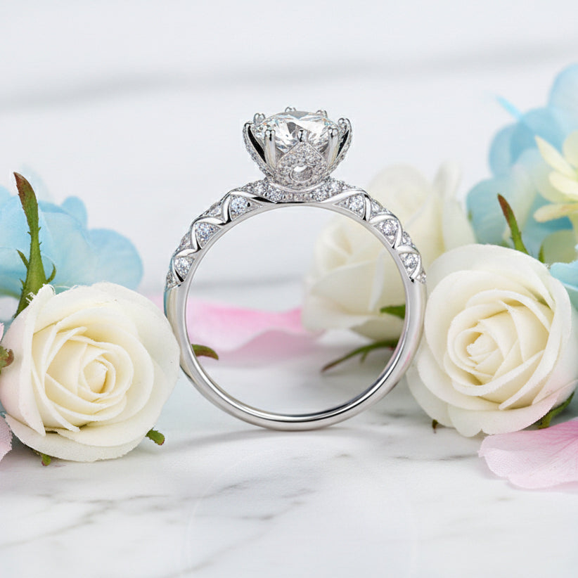 Japanese Solitaire 1 Carat Moissanite Diamond Ring set in 18K White Gold Plated 925 Silver (GRA)